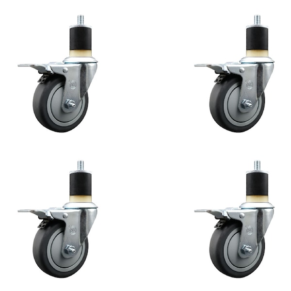 4'' Thermoplastic Rubber Swivel 1-7/8'' Expanding Stem Caster Set Total Lock Brake, 4PK